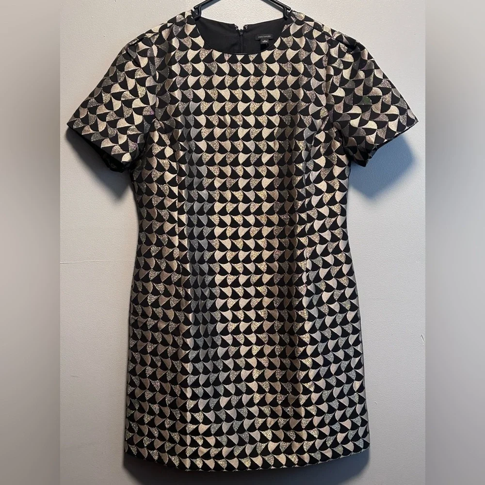 Ann Taylor Classic Geo Jacquard Flare Dress Black/Gold  Size 14 - Picture 2 of 15